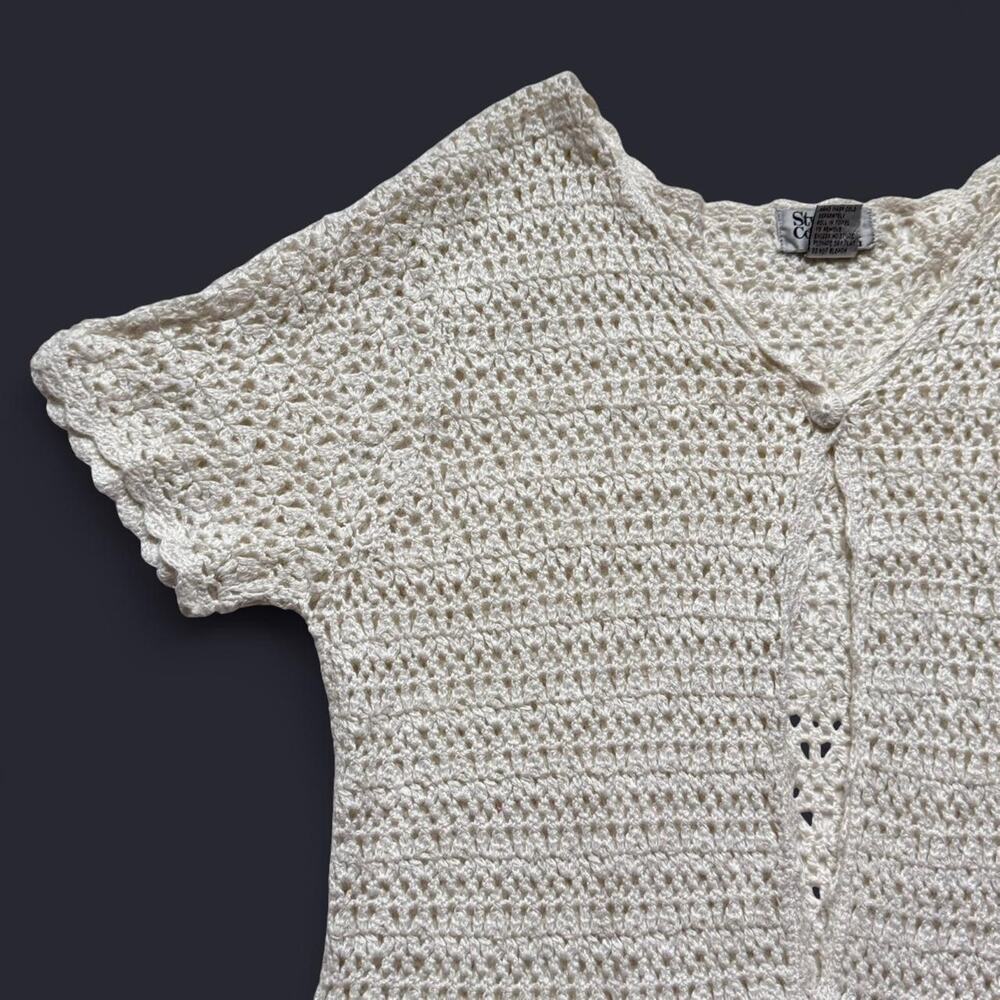 Vintage y2k white crochet cardigan women sz 1X linen rayon fairy grunge festival